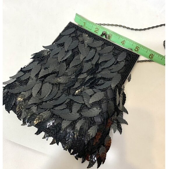 Vintage DRAP Barcelona Beaded Flapper Crossbody Purse Kiss Lock Leaf Sequins EUC - Picture 11 of 13